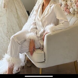 Elegant White Feather-Trimmed Women's Pajama Set